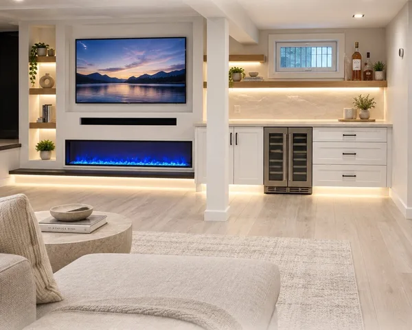 The finished media den from the room, TV over a linear fireplace, wet bar to the right, cove lighting throughout.