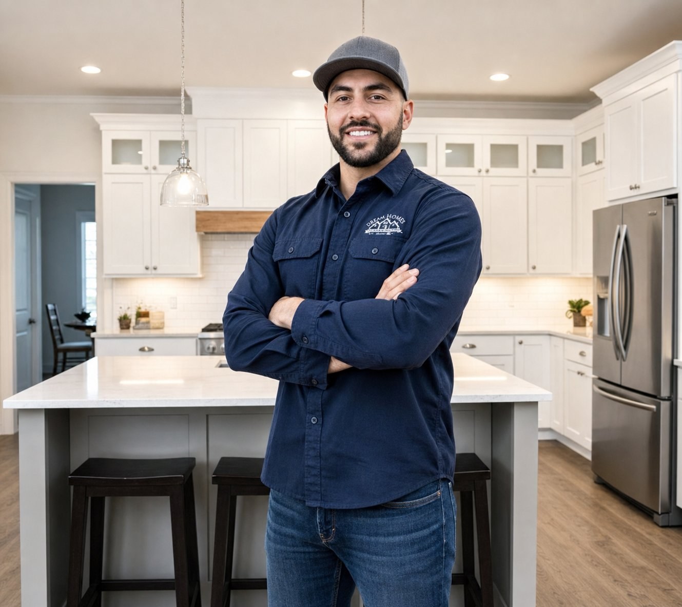 Alex D. standing in a finished Dream Homes kitchen he built