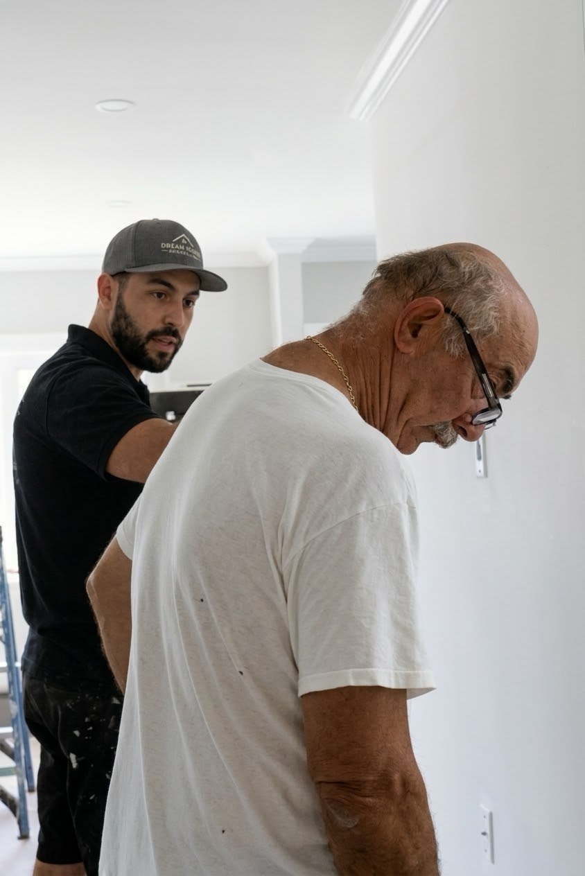 Alex D. in his Dream Homes cap working alongside his father Tony on a Queens jobsite