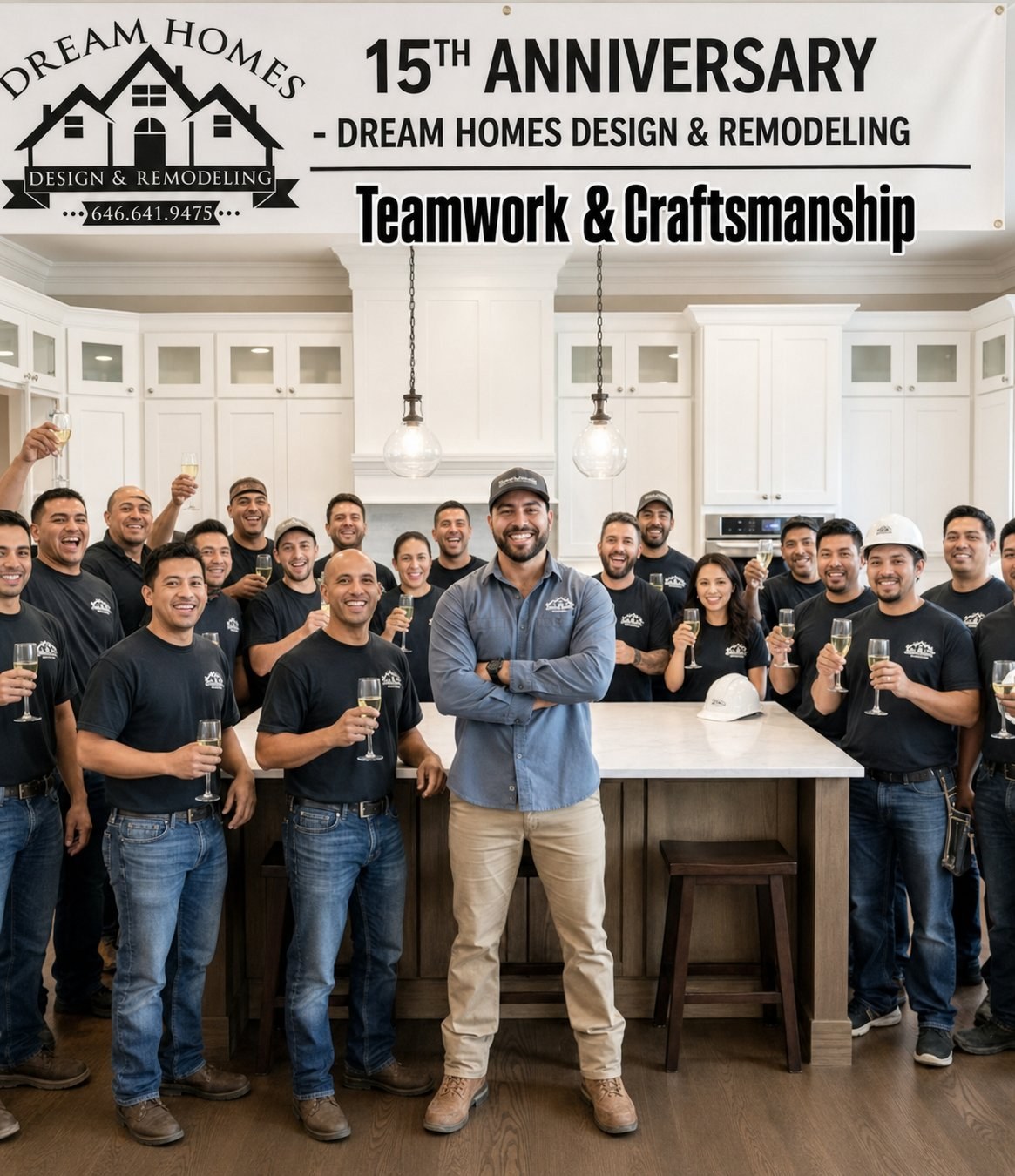 The Dream Homes Remodeling crew toasting 15 years in a finished kitchen